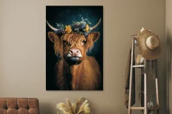 Glasschilderij kop schotse hooglander met bloemen 80x120cm