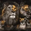 Glasschilderij Leeuwenfamilie met 3 welpjes