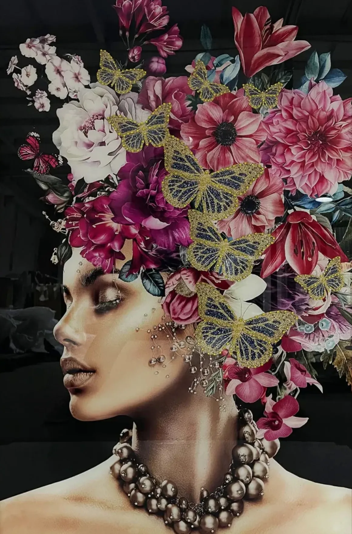Glasschilderij met lijst en kristallen vrouw met bloemen 80×120 cm