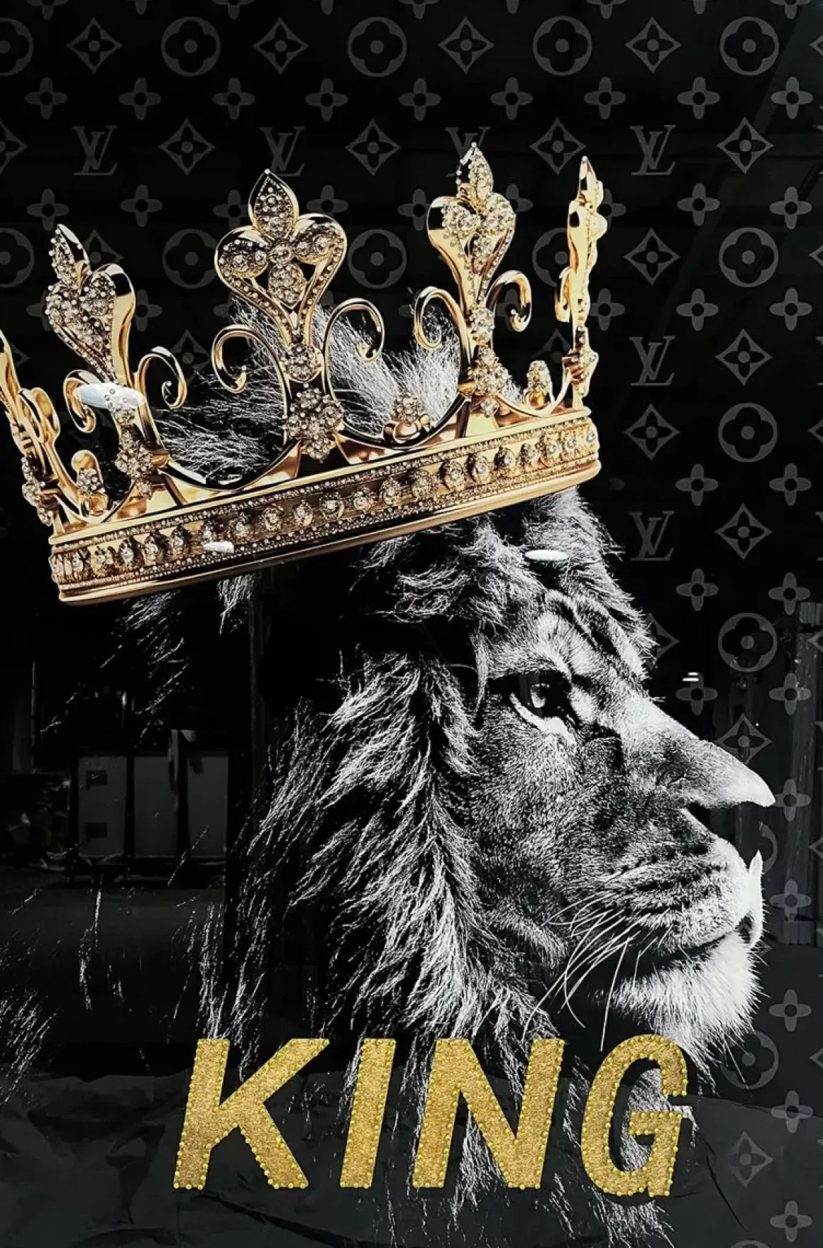 Glasschilderij met lijst en kristallen leeuw 80×120 cm