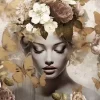Glasschilderij vrouw met bloemen vlinder beige taupe 120x80cm