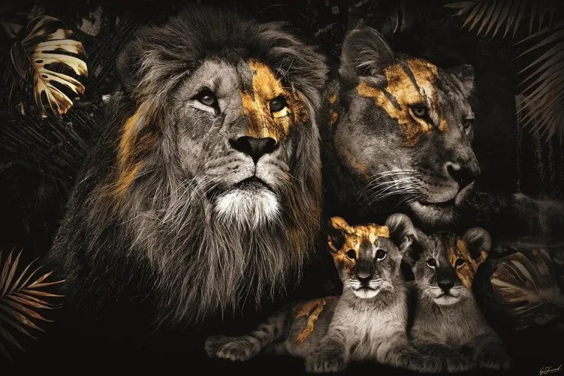 Glasschilderij 160x110cm Leeuwenfamilie met 2 welpje