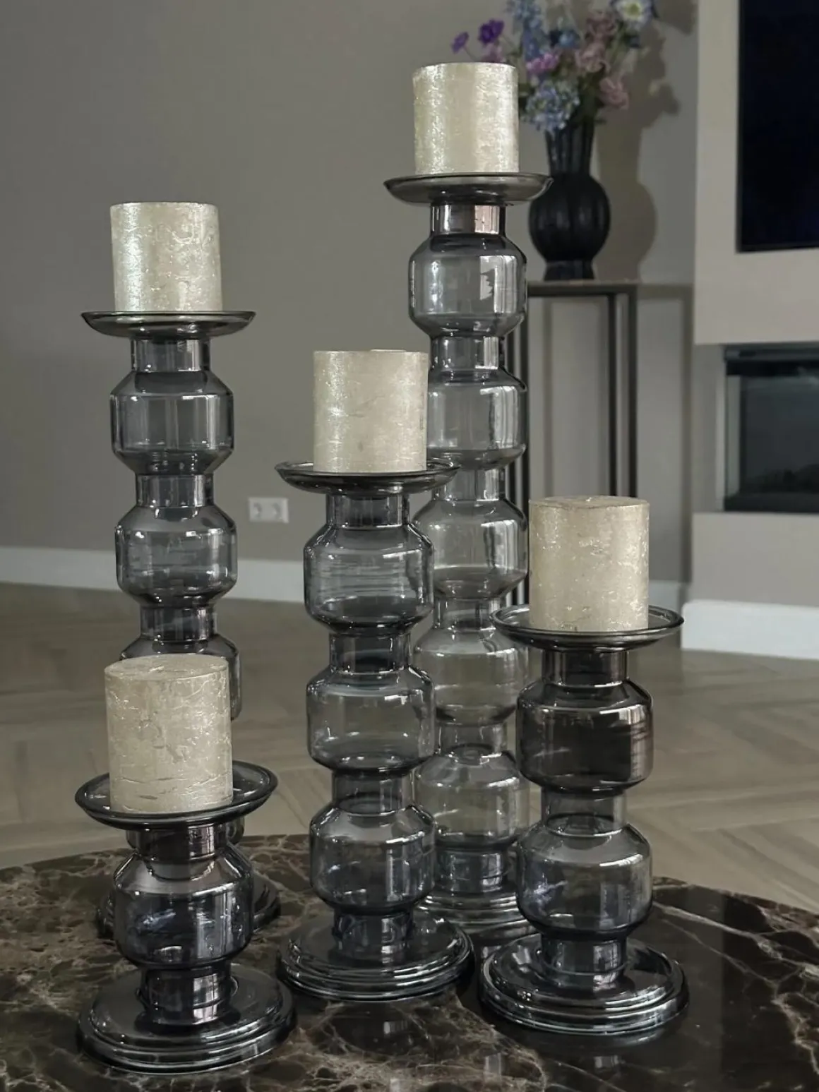 Glazen kandelaar Oyster Rolls Grey luster set 5