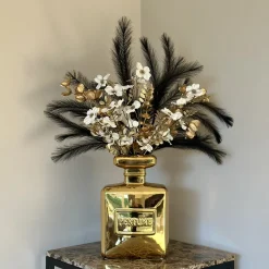 Gouden Parfum vaas met luxe Zijden Bloemen boeket goud zwart
