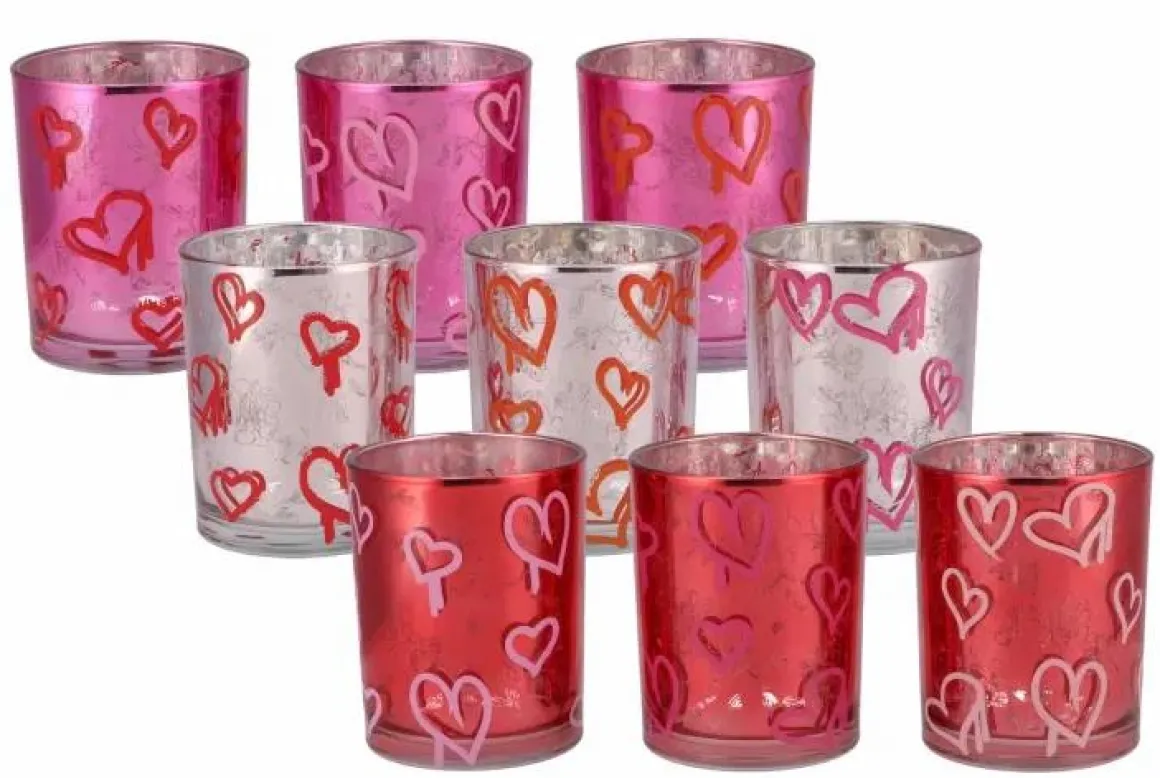 Love You hart waxinelicht houder roze rood fuchsia 10cm x 12,5cm