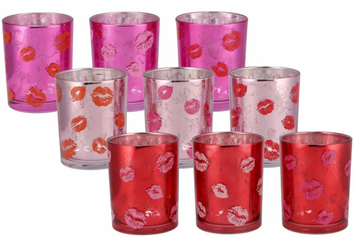 Love You Lips waxinelicht houder roze rood fuchsia 10cm x 12,5cm