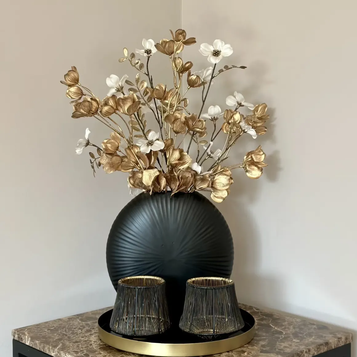 Salontafel decoratie set met waxinelichthouders goud zwart