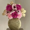 Vaas goud met kunstbloemen roze paars